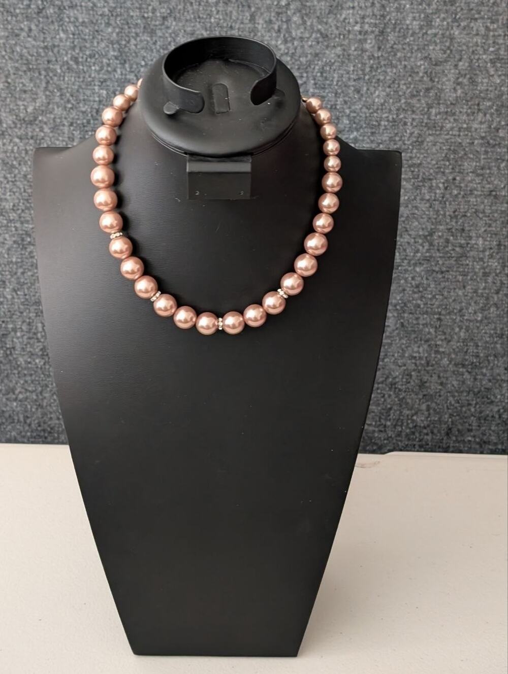 RMN Stamped Faux Pearl Necklace With Crystal Gold Tone Accents